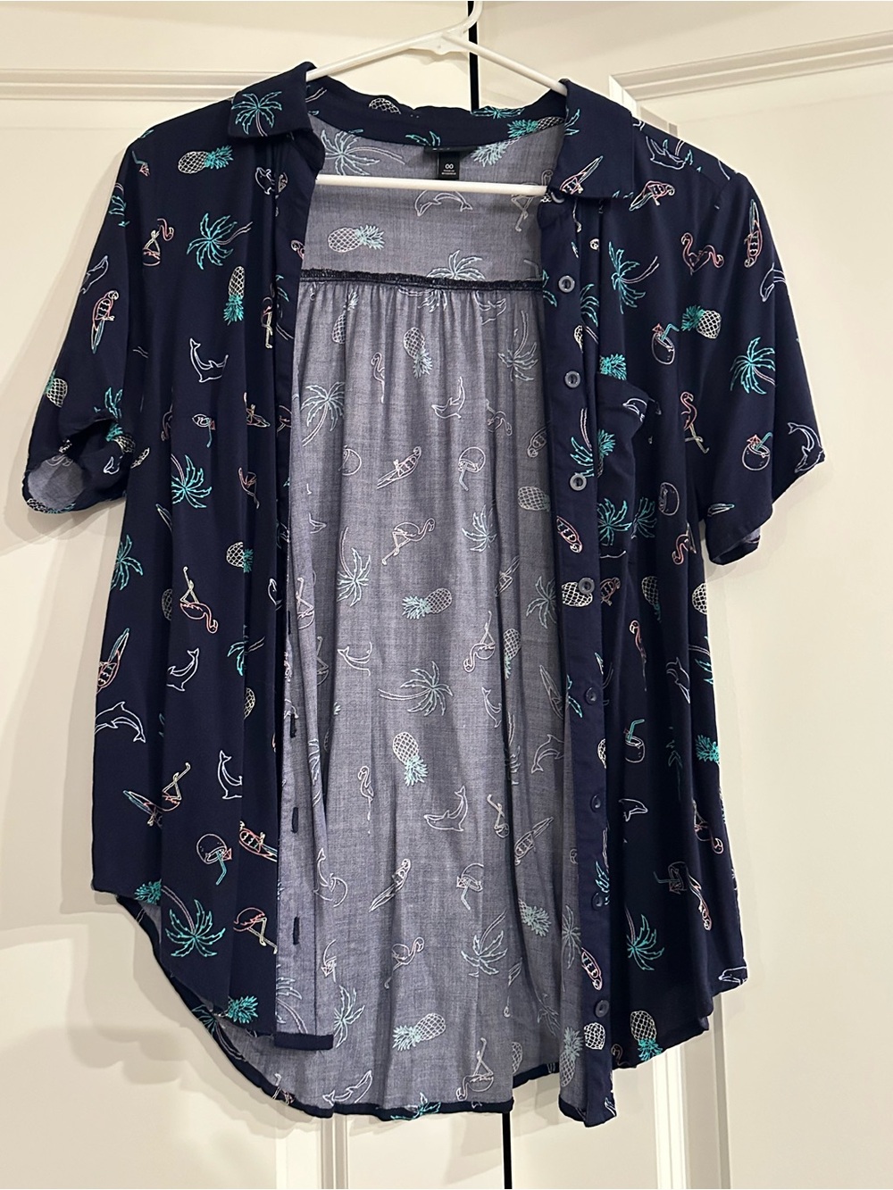 torrid Navy Shirt with Teal and Light Blue Tropical Motif
